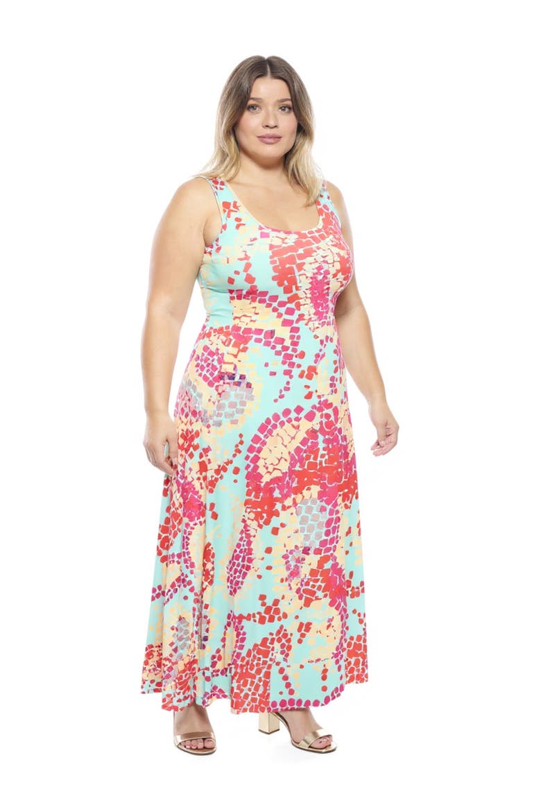 Plus Size Abstract Scoop Neck Sleeveless A-Line Maxi Dress, Alternate, color, Blue Multi