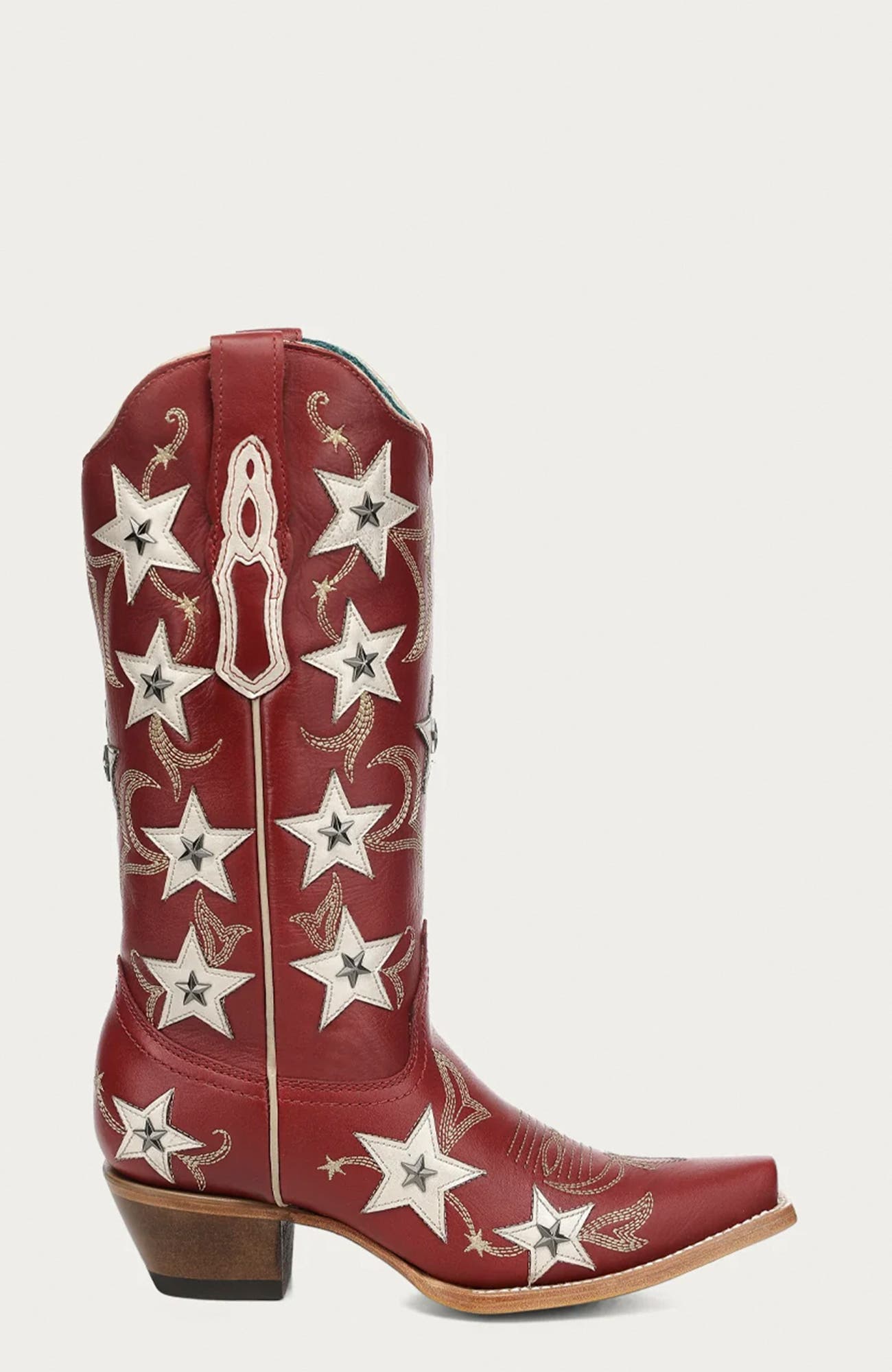 Detailed Embroidery Leather Overlay Studded Western Boots, Alternate, color, Red