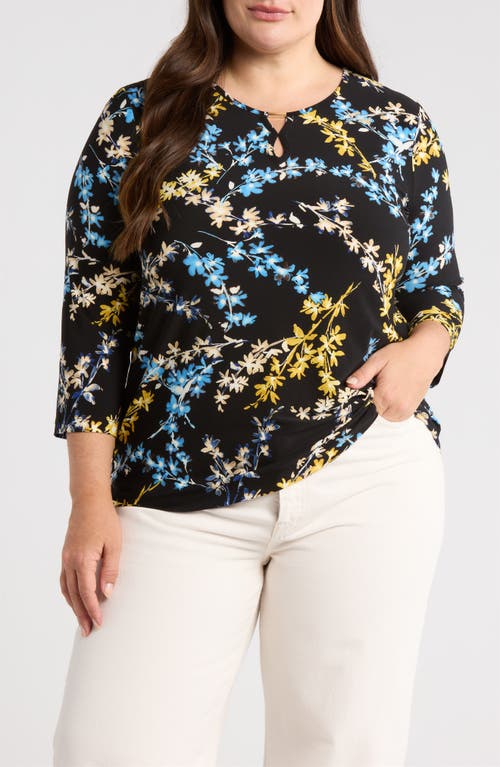 Jones New York Print Keyhole Three-quarter Sleeve Crepe Top In Multi