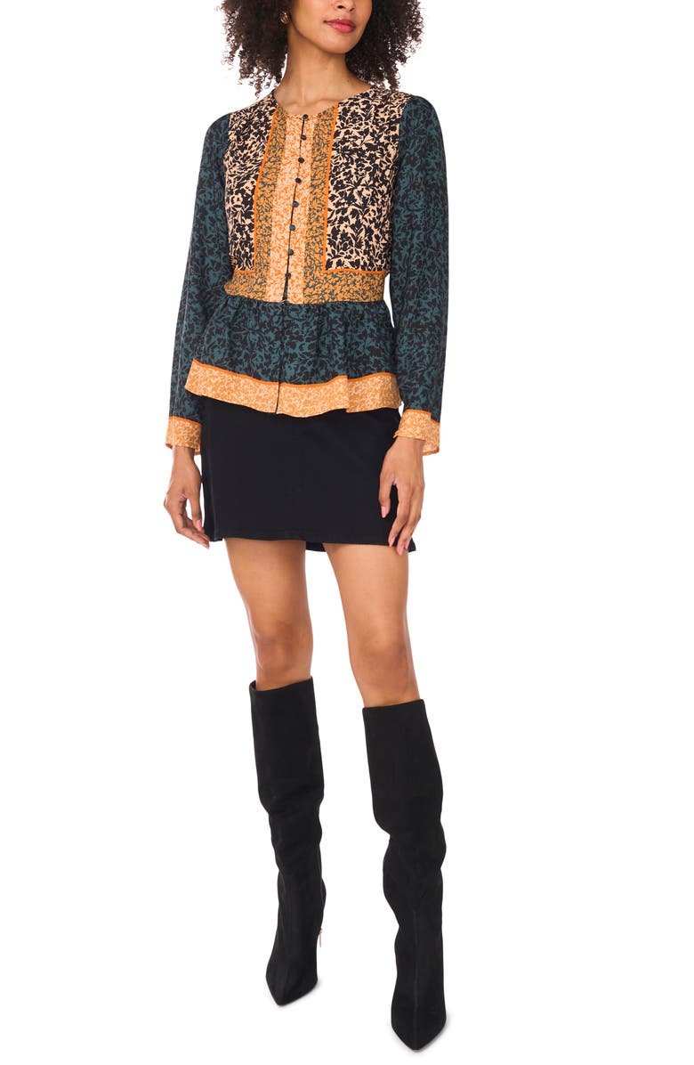 Vince Camuto Mixed Print Peplum Detail Button-Up Shirt, Alternate, color, Deep Forest