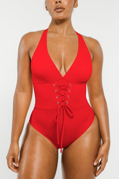 Plunge Lace-Up Corset Shaping One Piece Swimsuit
