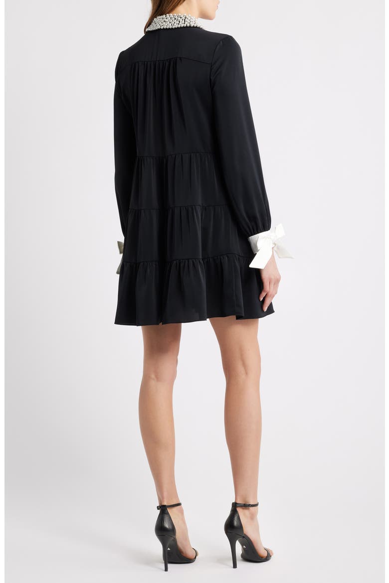 Beaded Collar Bow Long Sleeve Shirtdress, Alternate, color, RICH BLACK