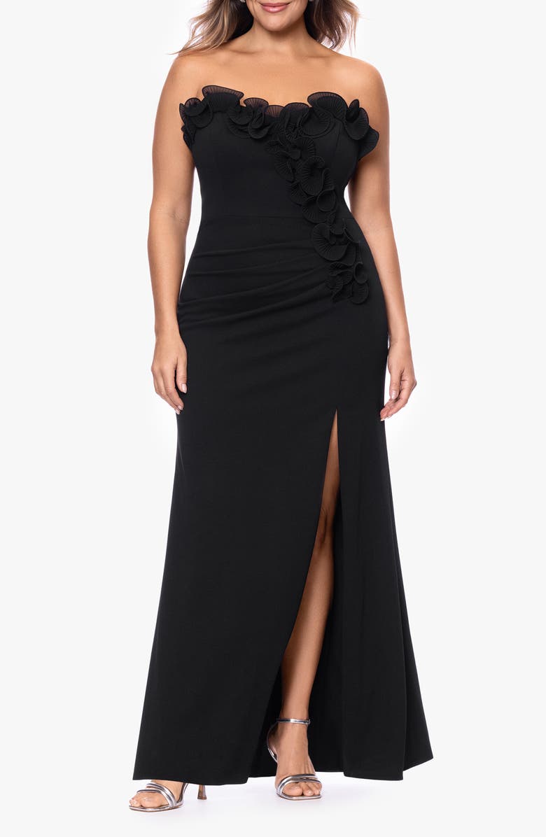 Xscape Evenings Pleat Ruffle Strapless Scuba Gown, Main, color, 
