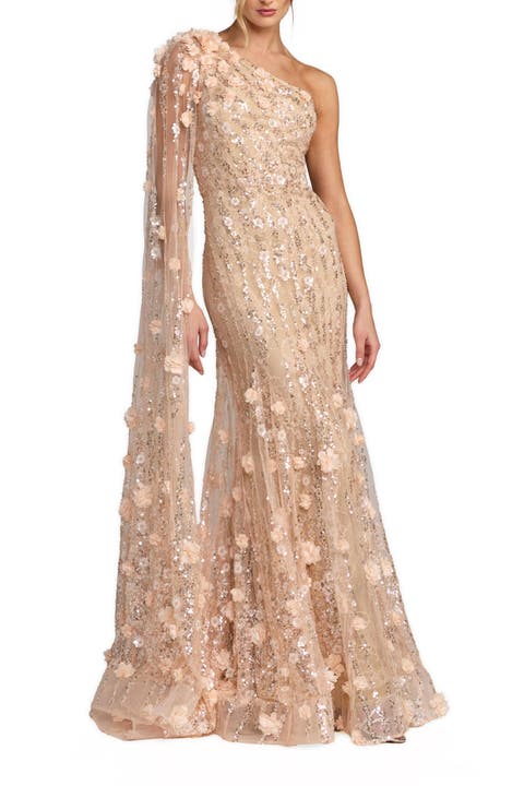 Floral Mesh One Shoulder Trumpet Gown With Float