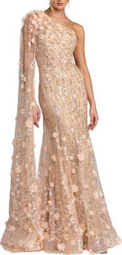 Mac Duggal Floral Mesh One Shoulder Trumpet Gown With Float