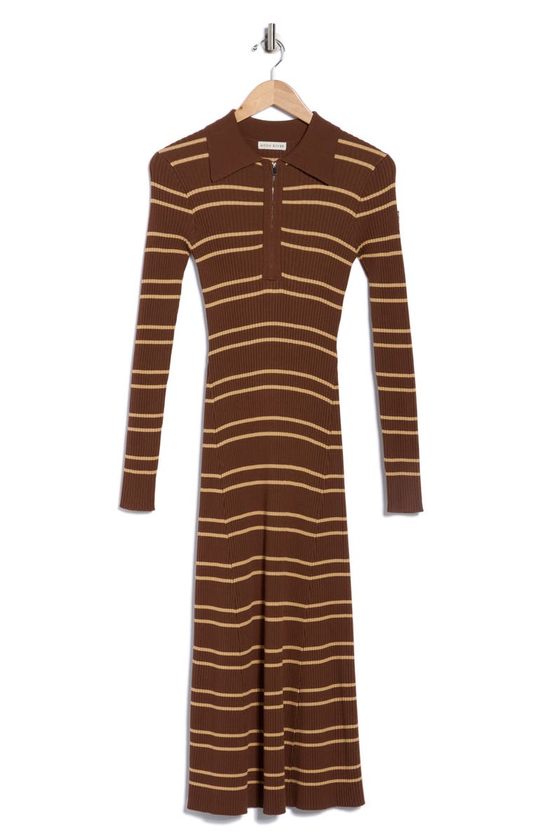 MOON RIVER Stripe Quarter Zip Midi Dress, Alternate, color, Brown