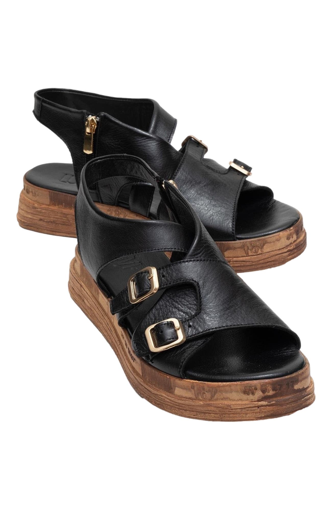 Forever 
Always Shoes Levine Leather Buckled Side-Zip Sandal, Main, color, Black Leather
