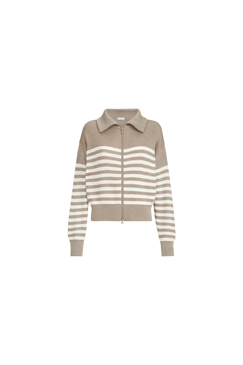 Sparkling cotton striped English rib cardigan with zipper and monili, Alternate, color, Beige