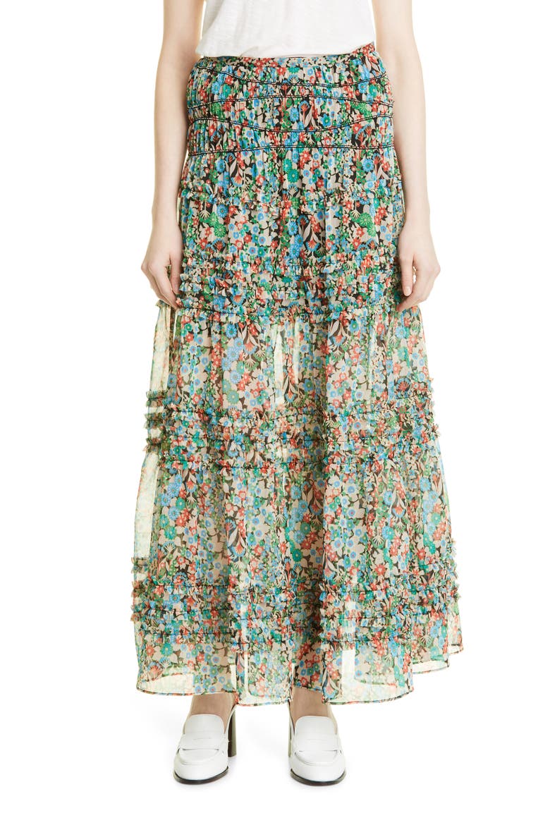 Amadea Floral Tiered Ruffle Maxi Skirt, Main, color, BLACK