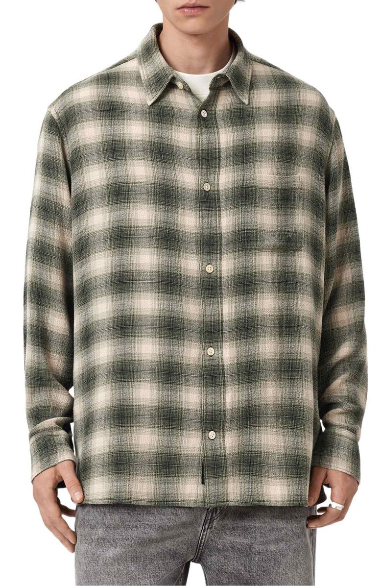 AllSaints Lumley Plaid Button-Up Shirt, Main, color, Pale Olive Green