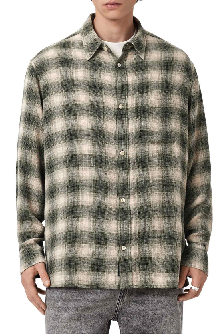 grey plaid dress shirt Straight Hem Plaid Button-Up Shirt