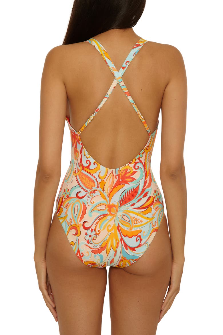 Phuket Embroidered Trim Plunge One-Piece Swimsuit, Alternate, color, IVORY/ AQUA/ ORANGE MULTI