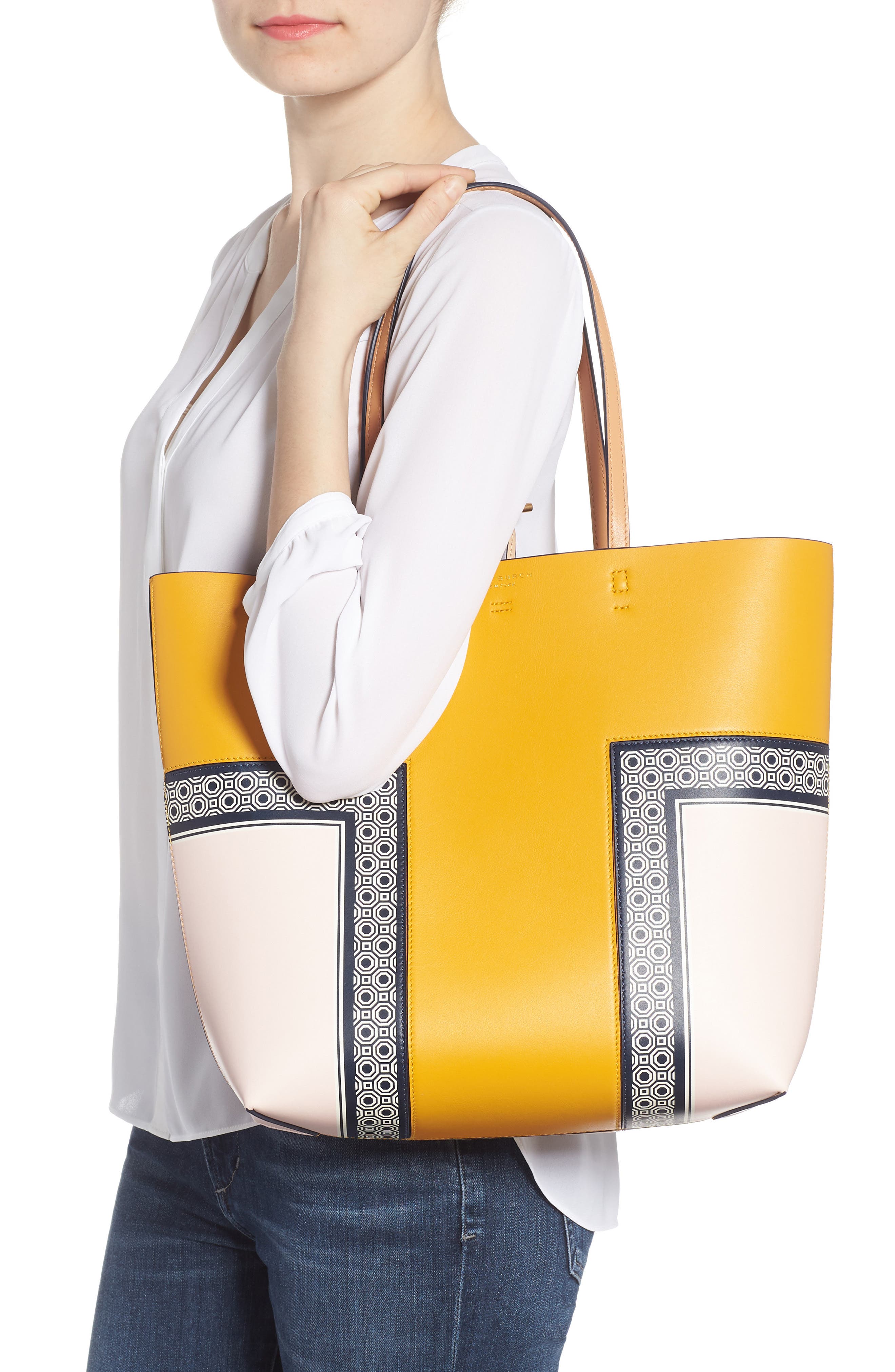 Tory Burch Block-T Stripe Leather Tote, Alternate, color, 