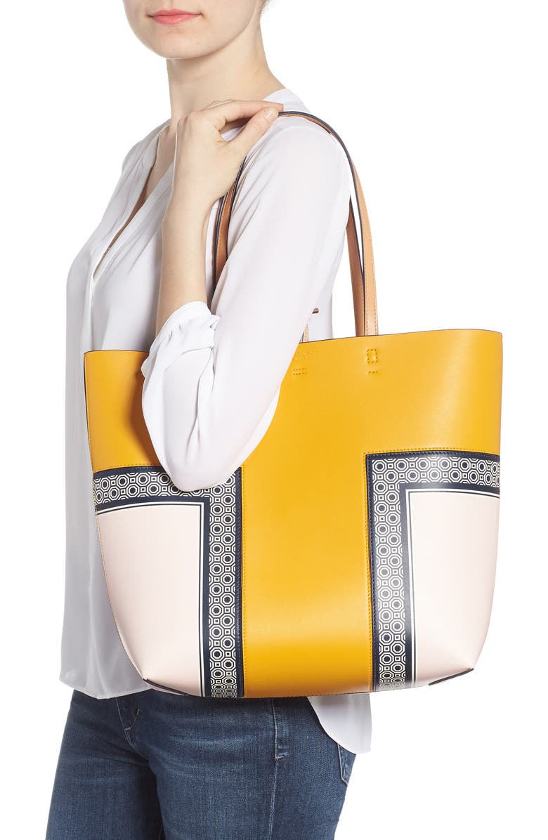 Tory Burch Block-T Stripe Leather Tote, Alternate, color,