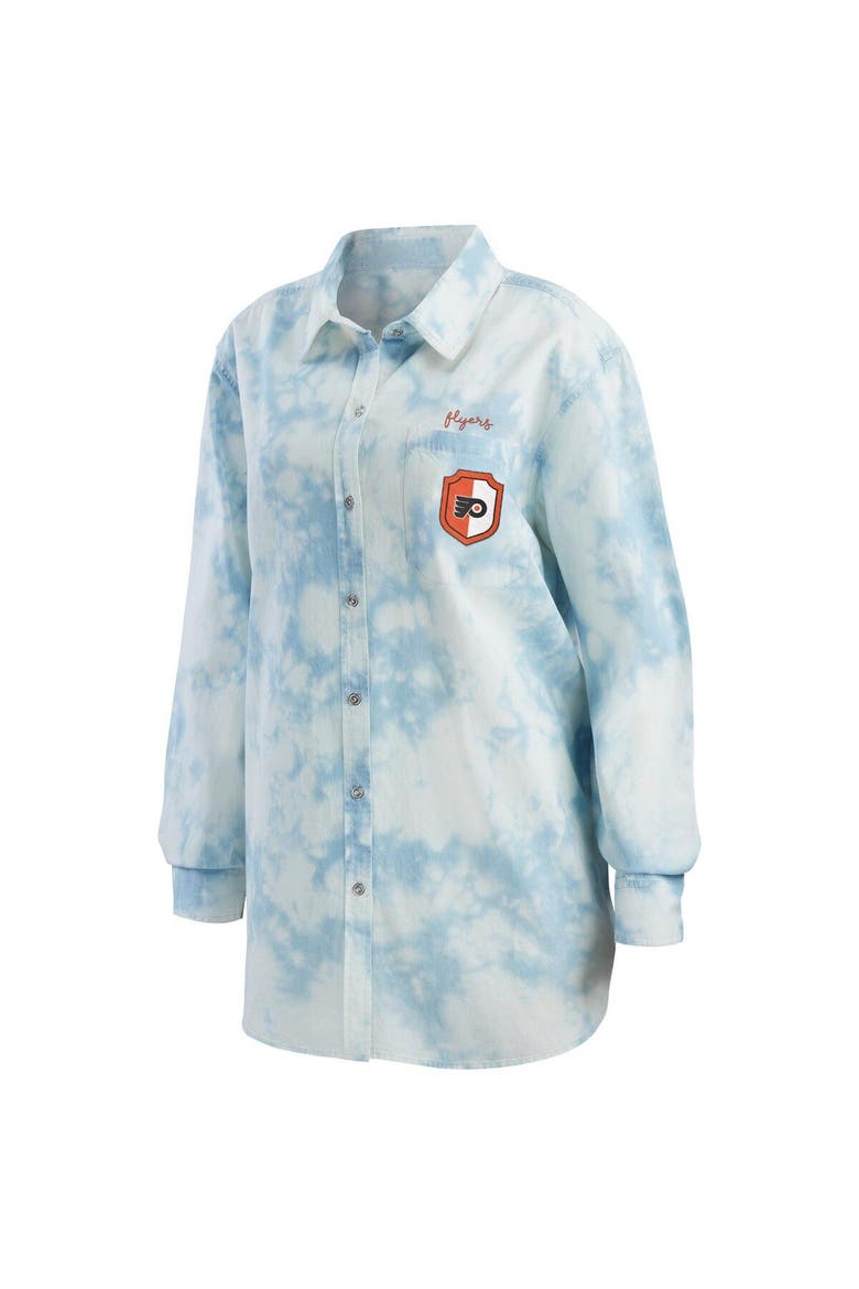 Women's WEAR by Erin Andrews White Philadelphia Flyers Oversized Tie-Dye Button-Up Denim Shirt, Alternate, color, White