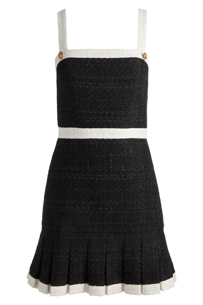 Clarine Contrast Trim Pleated Tweed Minidress, Alternate, color, BLACK/ OFF WHITE