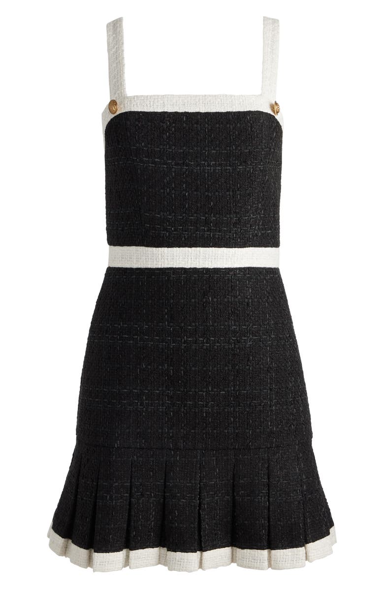 Alice + Olivia Clarine Contrast Trim Pleated Tweed Minidress, Alternate, color, Black/ Off White