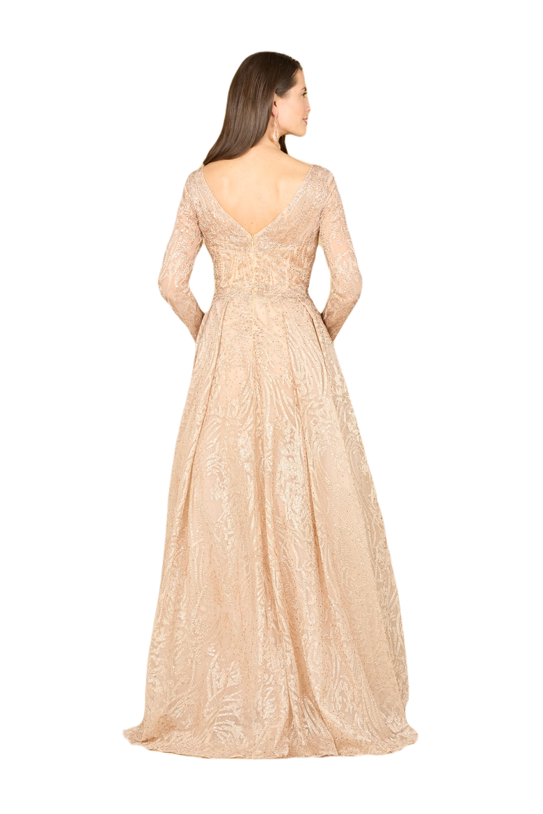 Long Sleeve, A-line Gown with a V-Neckline, Alternate, color, Champagne