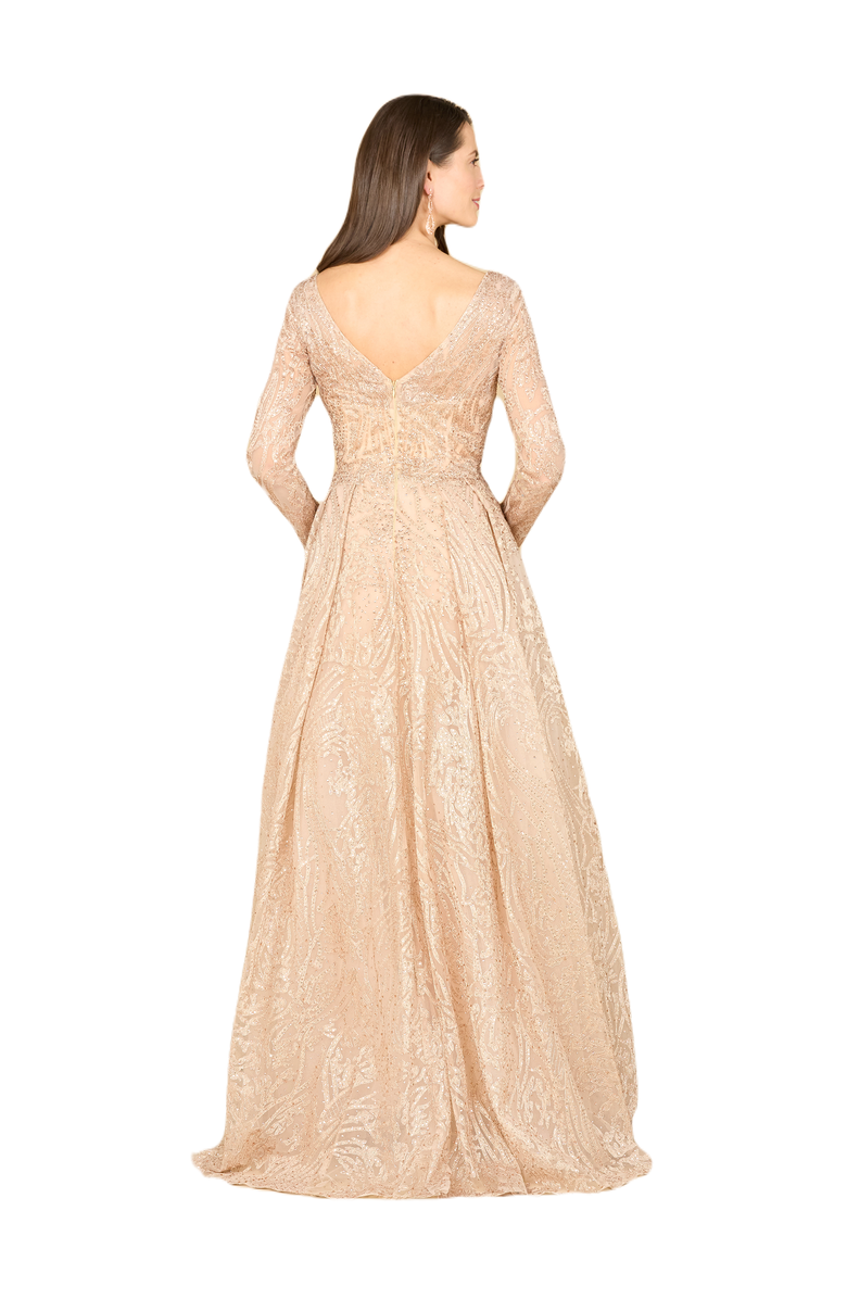 LARA New York Long Sleeve, A-line Gown with a V-Neckline, Alternate, color, Champagne