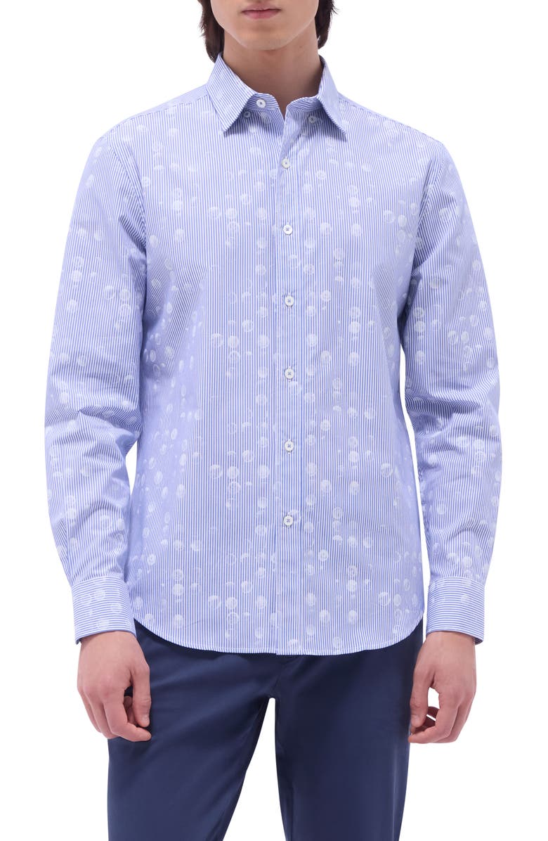 Bugatchi Karl Stripe & Dot Print Cotton Button-Up Shirt, Main, color, Classic Blue