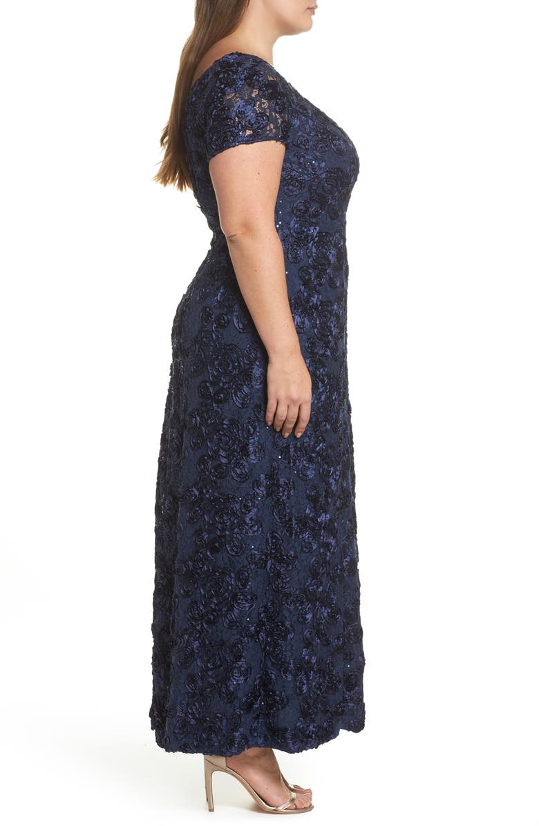 Alex Evenings Rosette Lace Short Sleeve A-Line Gown, Alternate, color, Navy