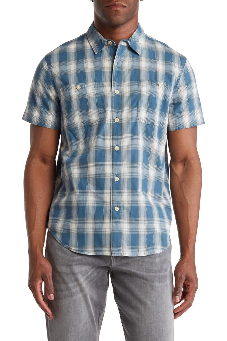 Mason Plaid Short Sleeve Stretch Cotton Button-Up Shirt, Main, color, BLUE/ WHITE