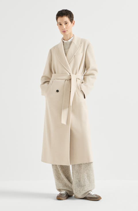 Lightweight water-resistant cashmere belted coat with monili