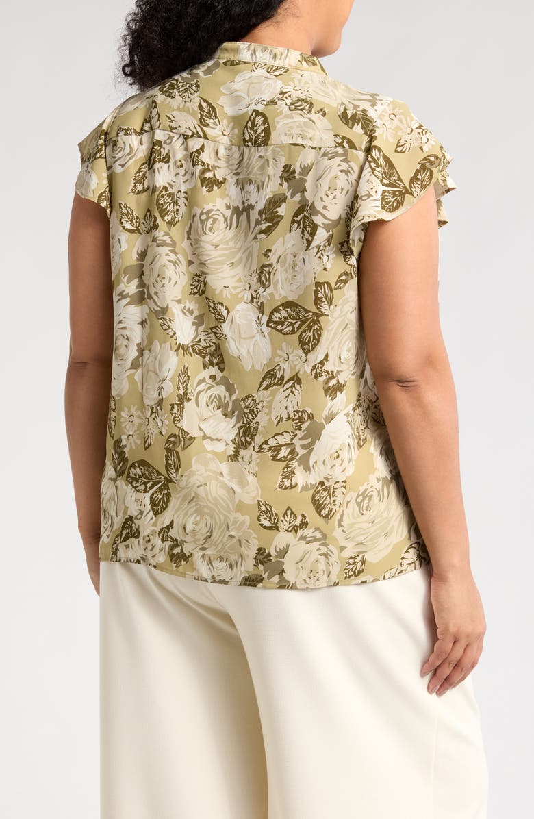 T Tahari Ruffle Cap Sleeve Button-Up Top, Alternate, color, Green Leaf Print