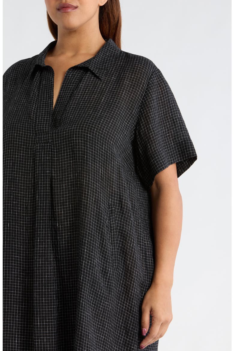 Windowpane Plaid Elbow Sleeve Organic Linen Shift Dress, Alternate, color, BLACK/ WHITE
