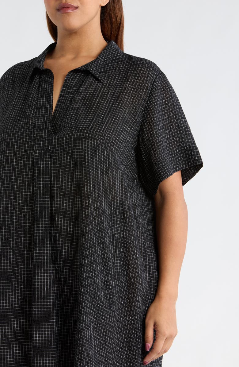 Eileen Fisher Windowpane Plaid Elbow Sleeve Organic Linen Shift Dress, Alternate, color, Black/ White