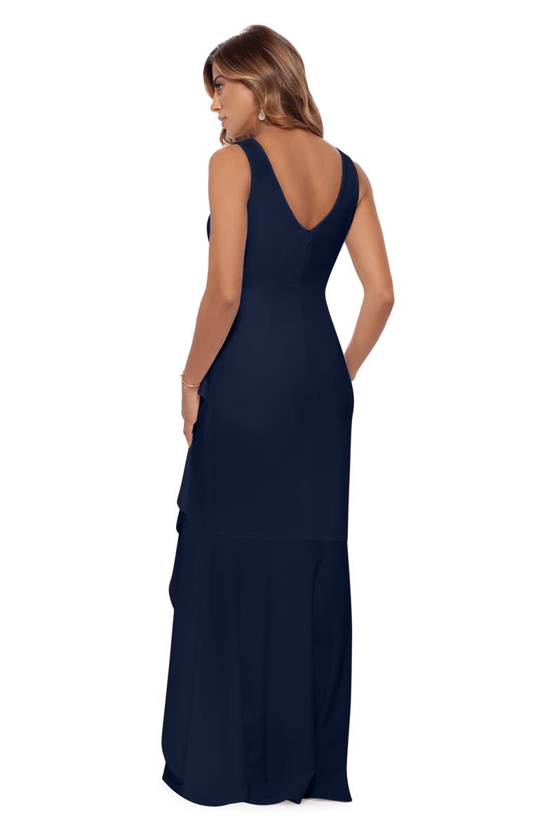 V-Neck Cascade Ruffle High-Low Gown, Alternate, color, NAVY
