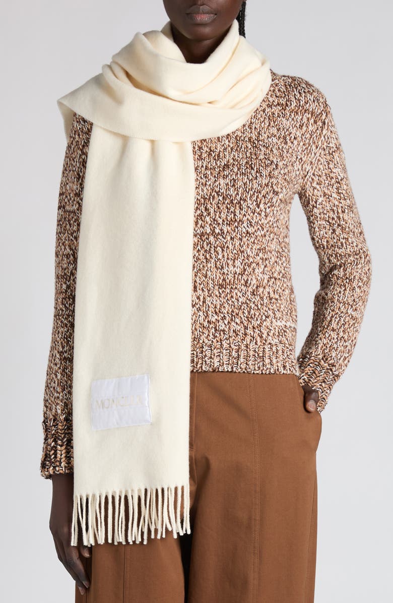 Moncler Virgin Wool Felt Fringe Scarf, Alternate, color, Silk White