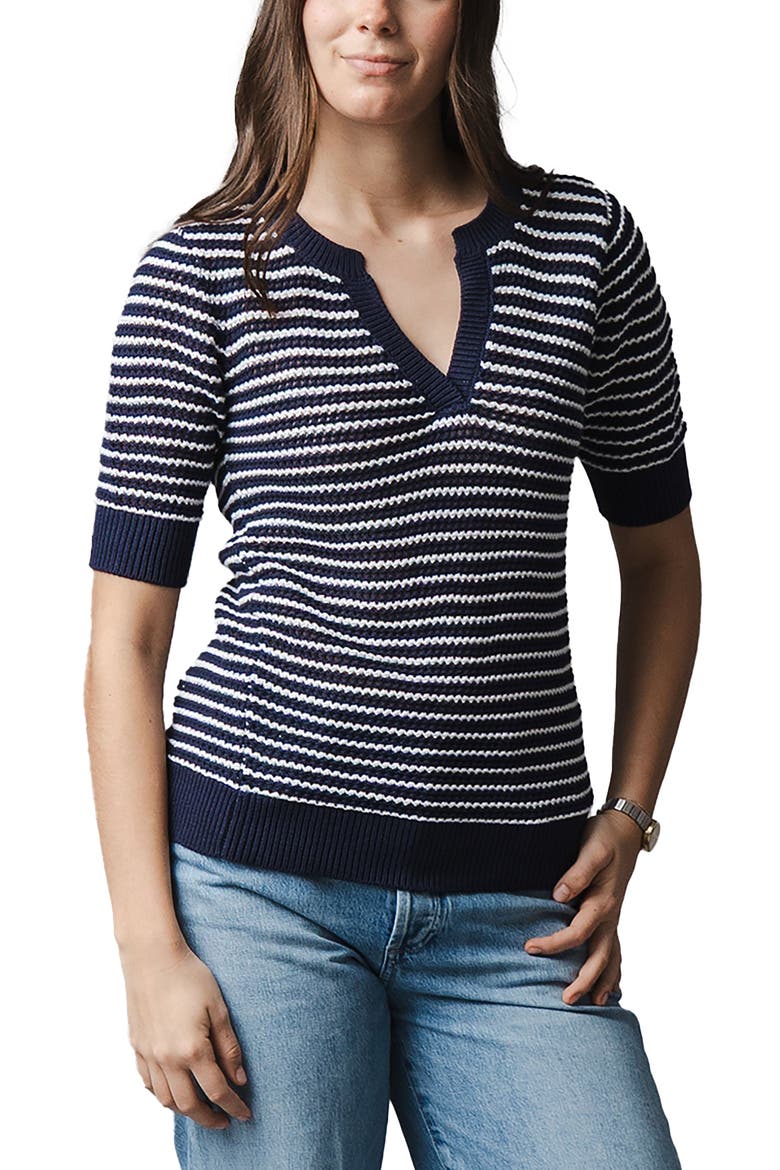 Organic V-Neck Short Sleeve Sweater, Main, color, Navy and White