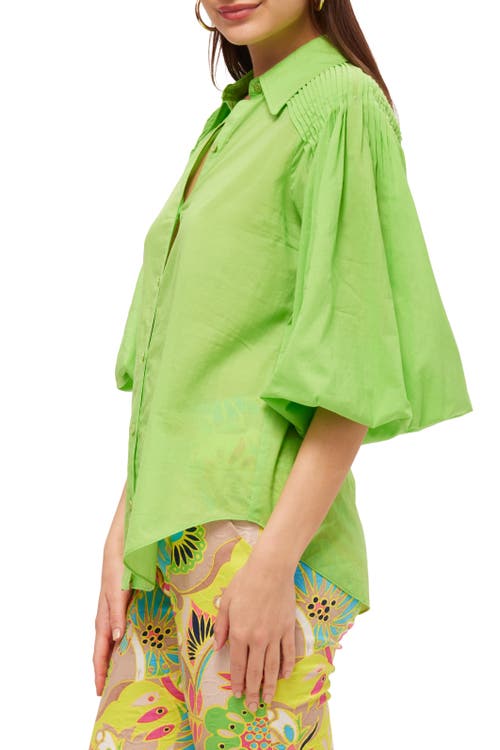 Shop Trina Turk Puff Sleeve Button Up Court Top In Serene Green