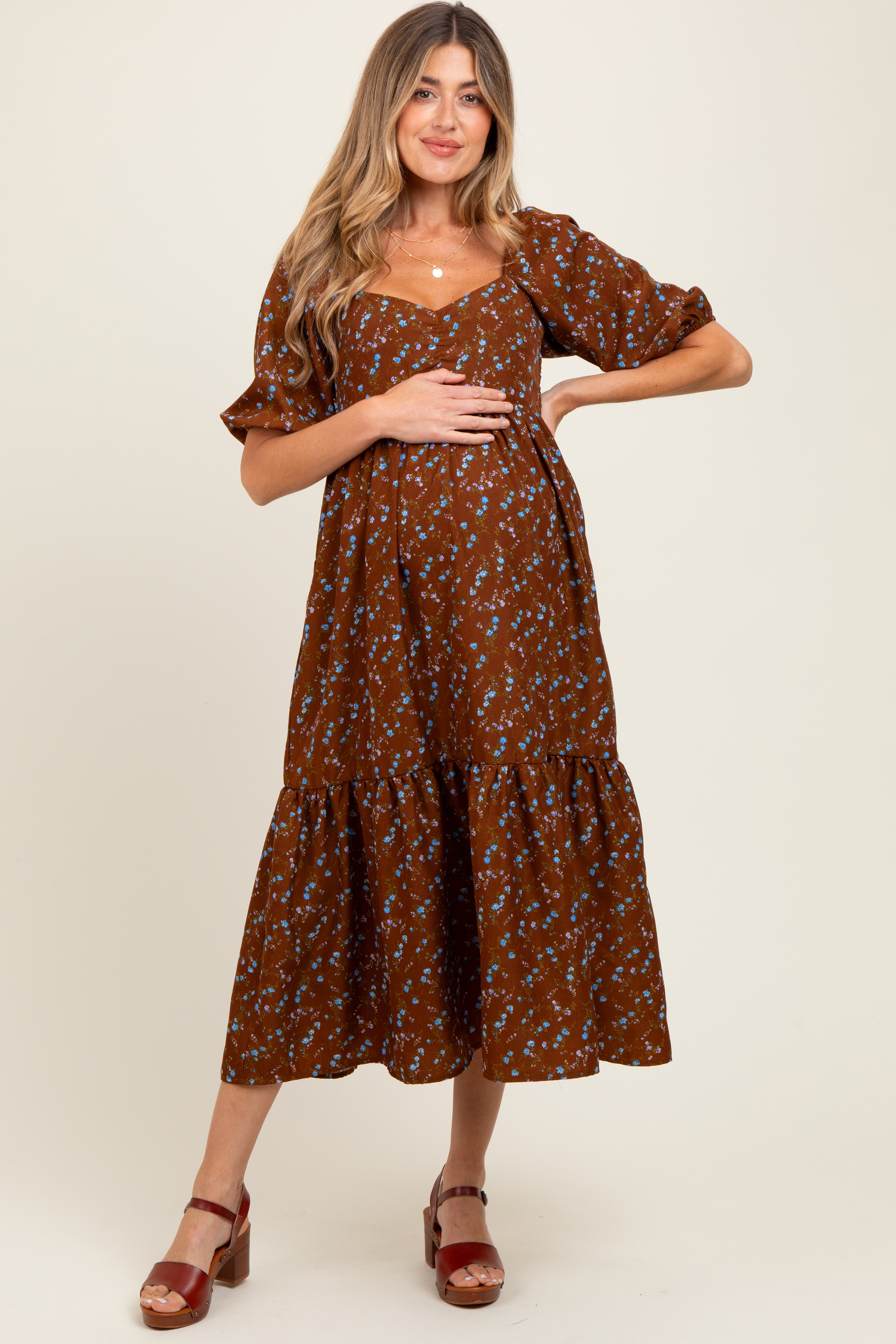 Pinkblush Floral Sweetheart Puff Sleeve Midi Dress In Brown