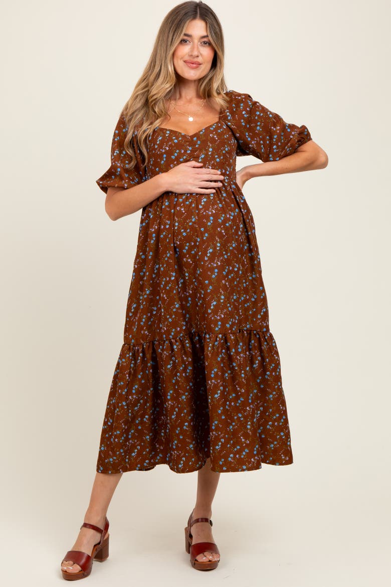 Floral Sweetheart Puff Sleeve Midi Dress, Main, color, Mocha