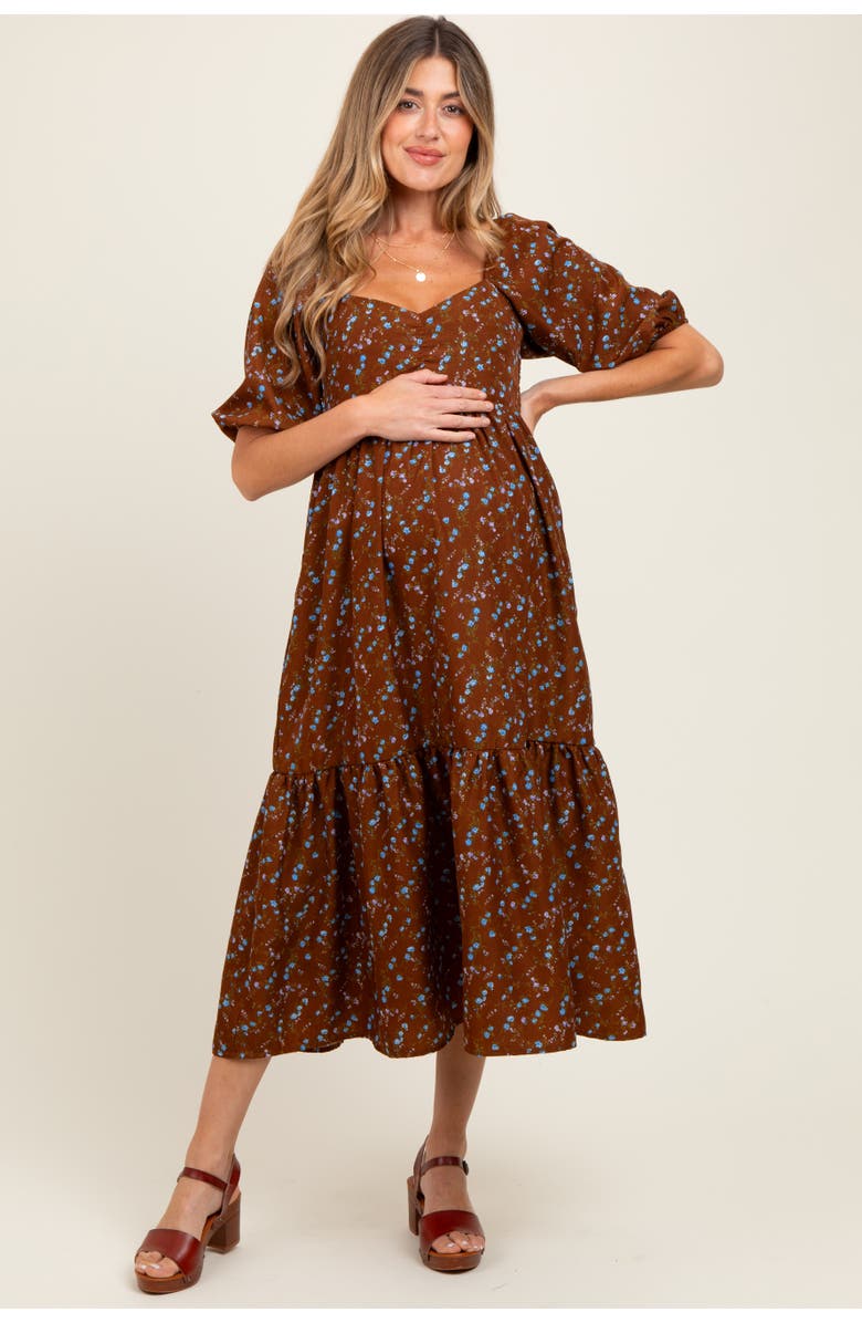 PinkBlush Floral Sweetheart Puff Sleeve Midi Dress, Main, color, Mocha