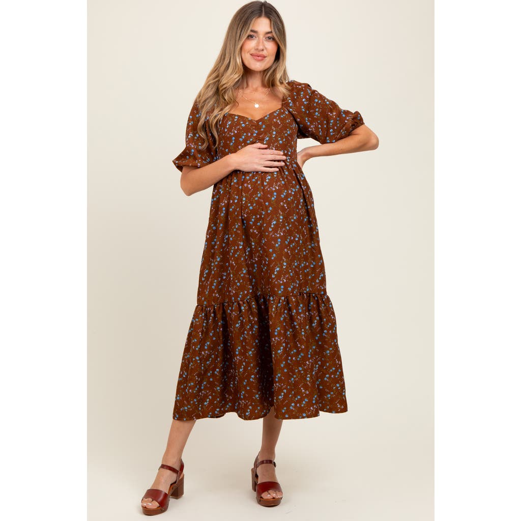 Pinkblush Floral Sweetheart Puff Sleeve Midi Dress In Brown