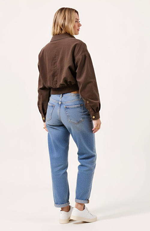 Modenaire Cropped Collared Button-up Stretch Hem Jacket In Brown