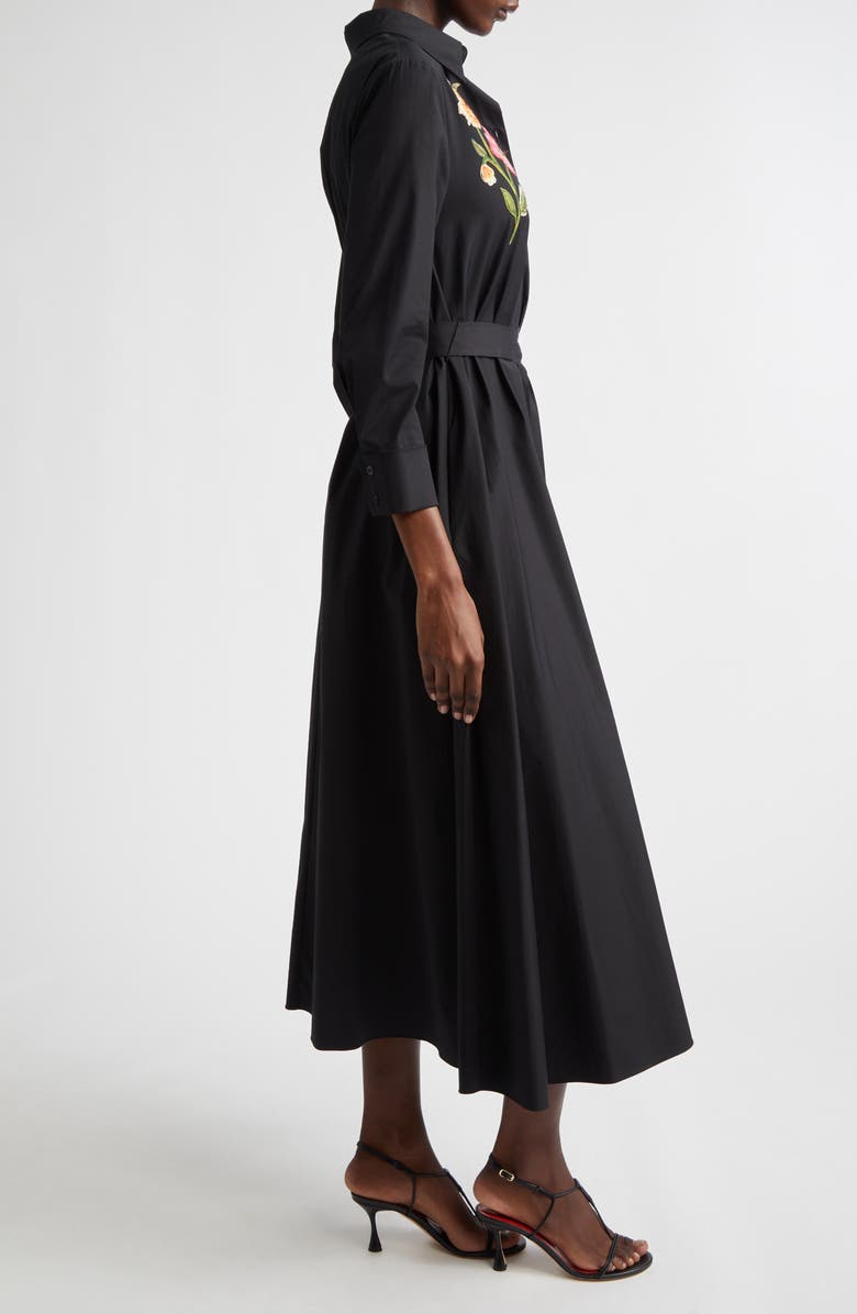 Carolina Herrera Poppy Embroidered Belted Stretch Poplin Shirtdress, Alternate, color, Black Multi