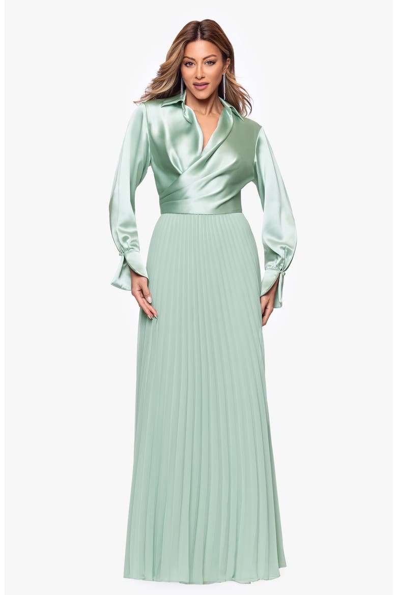 Pleated Satin Long Sleeve Gown, Alternate, color, SAGE