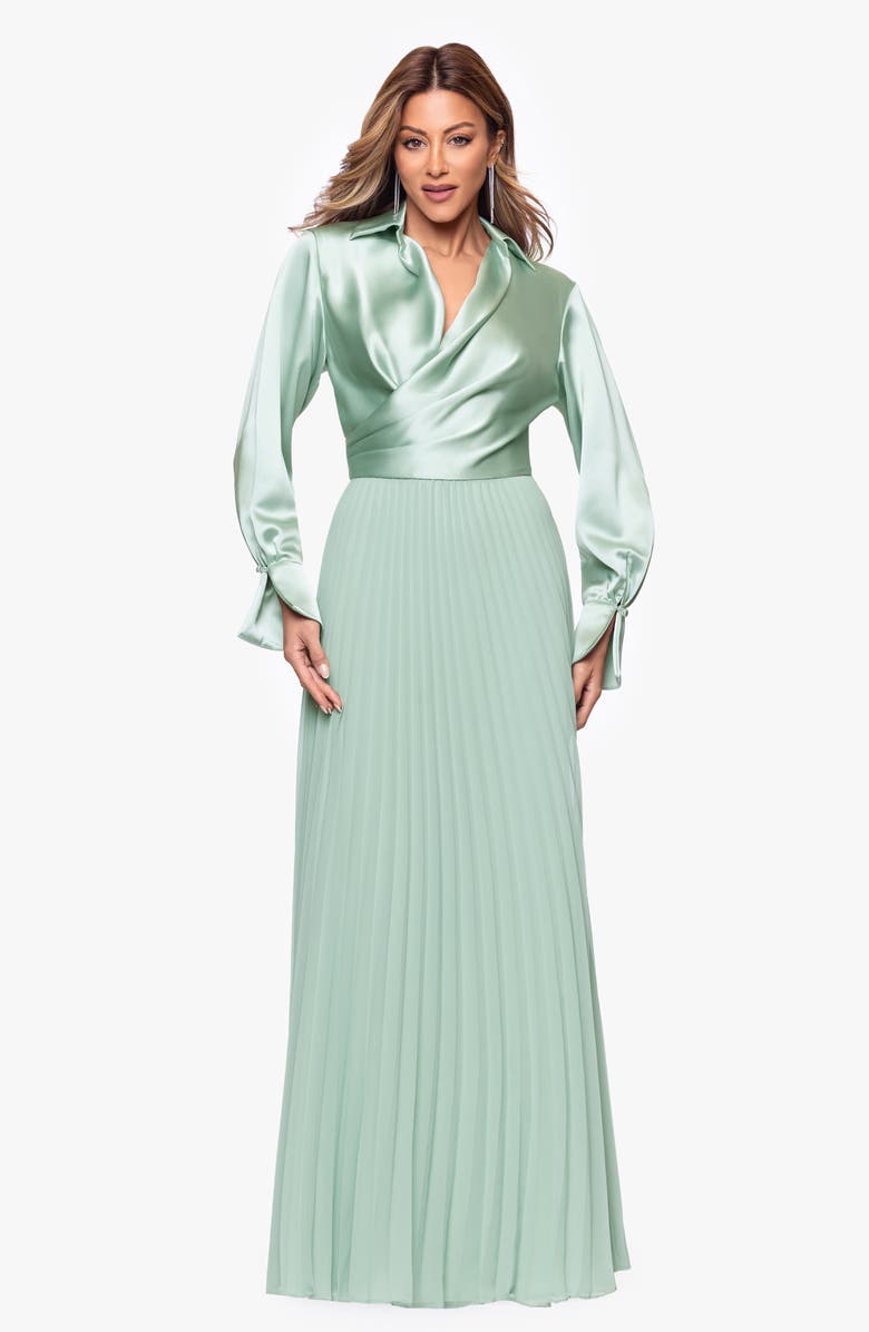 Xscape Evenings Pleated Satin Long Sleeve Gown, Alternate, color, Sage