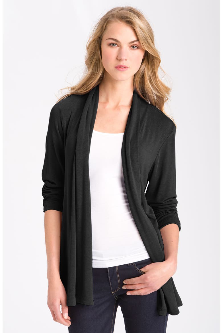 MOD.lusive Ruched Sleeve Long Cardigan (Nordstrom Exclusive), Main, color, BLACK