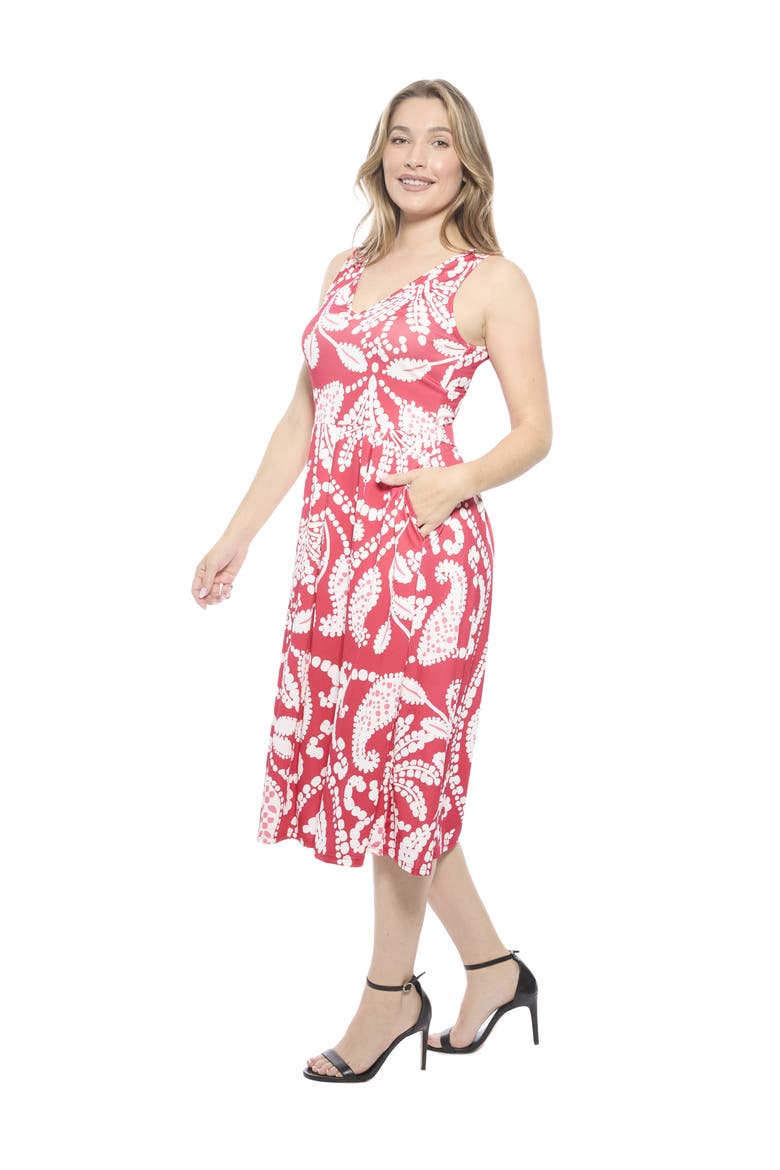 Womens Paisley V-Neck Sleeveless Pleated Pocket Midi Fit N Flare Dress, Alternate, color, Red Multi