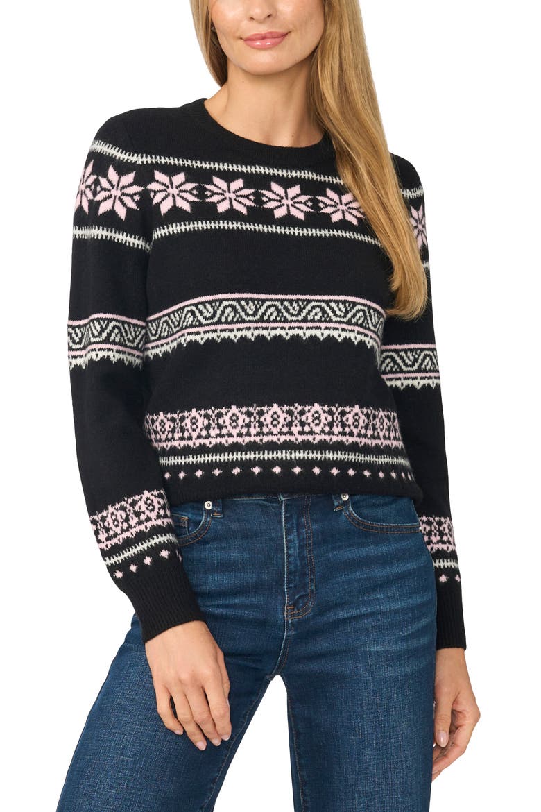 Fair Isle Crewneck Sweater, Main, color, RICH BLACK