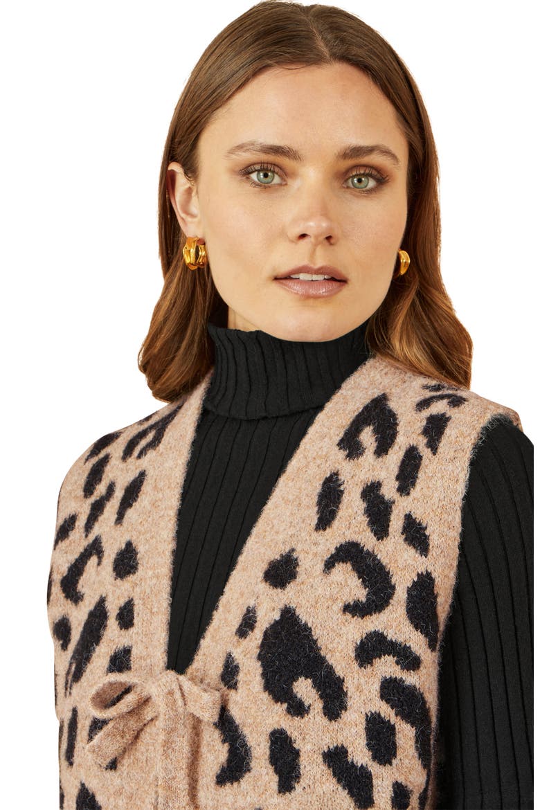 Knitted Cheetah Print Tie Waistcoat, Alternate, color, Beige