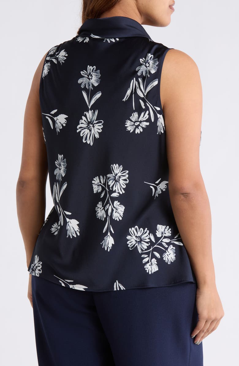 Tahari ASL Floral Tie Neck Sleeveless Satin Top, Alternate, color, Navy Ivory