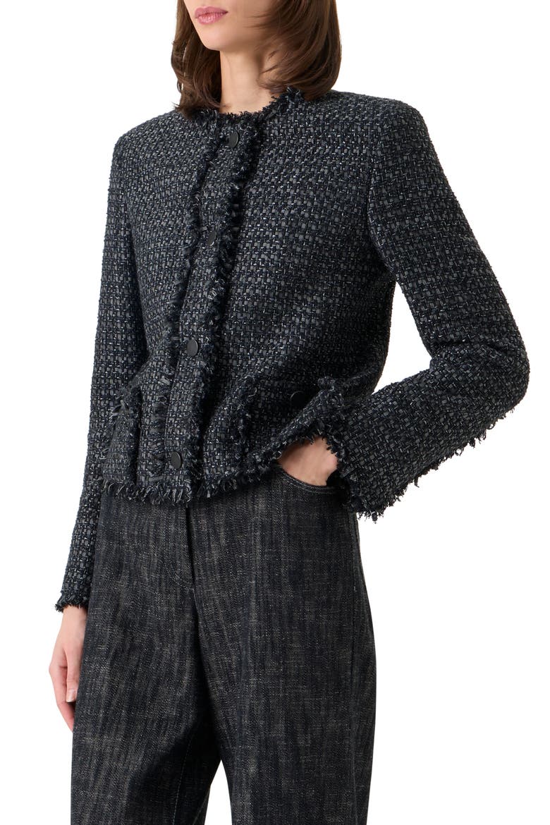 Boxy Fringe Cotton Blend Tweed Jacket, Alternate, color, BLACK-STONE