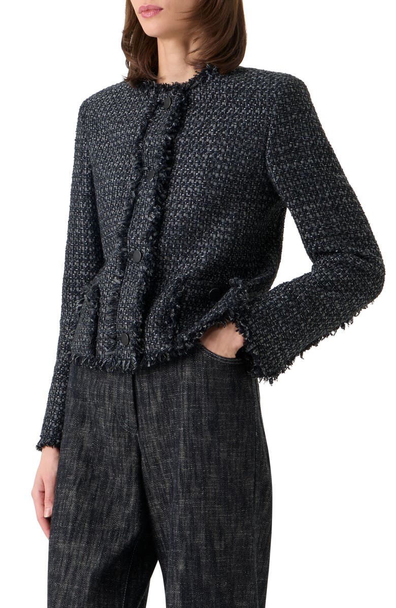 Akris punto Boxy Fringe Cotton Blend Tweed Jacket, Alternate, color, Black-Stone