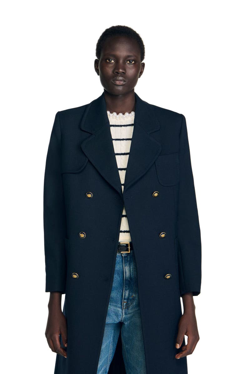 SANDRO Structured long double-breasted coat, Alternate, color, Navy Blue